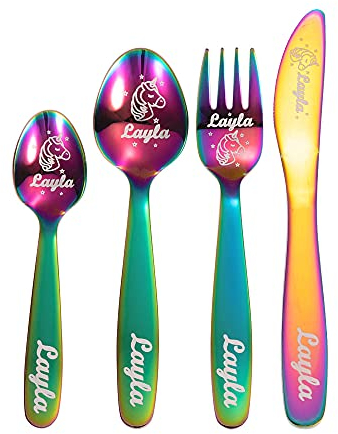 Personalised 4PCS Children Unicorn Cutlery Set with Customised Patterns and Names Stainless Steel Flatware Safe Utensilsfor Kids Toddler Ideal for Kitchen Home - Spoon+Fork+Knife+Tea Spoon