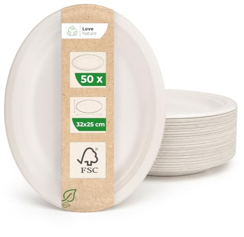 Love Nature Einwegteller 50 Stück - Einweg Teller Oval 32 cm aus Zuckerrohr - Pappteller Einweggeschirr - Partyteller Einweg Stabil zum Geburtstag, Grillabende und Picknicks