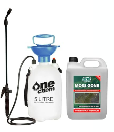 One Chem Moss Gone Moss killer 5 Litre with One Chem 5L Garden Sprayer, Suitable for Paths, patios and hard surfaces