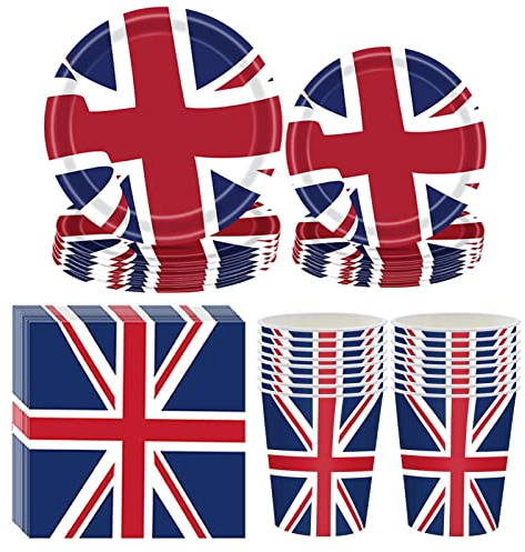 64 Pcs Union Jack Tableware Set, Union Jack Party Supplies 2022, Union Jack Paper Cups Plates Napkins Tableware Kit, British Flag Party Supplies Decorations, Queens Platinum_Jubilee Decorations