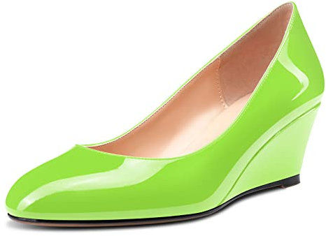 Aachcol Mujer cuña Esparto Heel Pumps Medio Heel Redonda Punta Slip-on Zapatos de Boda Oficina Fiesta 5 CM Verde Lima Charol 39 EU