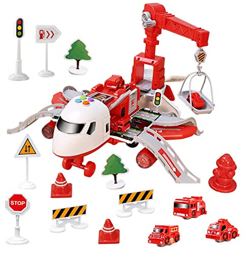 Transport Flugzeuge Spielzeug mit 3 Feuerwehrfahrzeuge, Feuerwehr Flugzeug Spielzeug Auto mit Verkehrsschilder Kleinkind Transporter Spielzeugautos Set, Rollenspiel Spiele ab 3-6 Jahre Junge Kinder