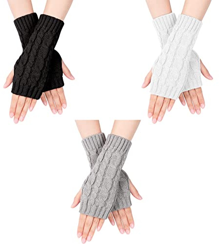 NMBCH Mitones Guantes de invierno para mujeres 3 Pares,Punto Caliente Manoplas Mitones de Punto Calentadores,Brazo Manoplas sin dedos, Tejer Invierno con Agujero Pulgar Guantes Calientes