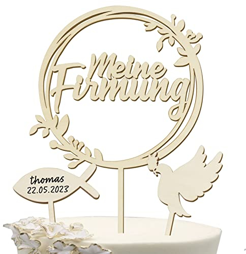 COLOFALLA Cake Topper Firmung Holz Tortendeko Torten Topper Zur Firmung Konfirmation Taube Fisch Tortenstecker Kuchendeko Deko für Junge Mädchen (A)
