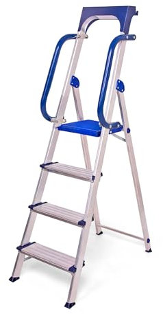 HOSTRÖM Escabeau 4 marches Secure Pro, Aluminium renforcé, sécurisé avec rampes, Tablette Porte-Outils, Hauteur Plateforme 89cm, Charge 150kg