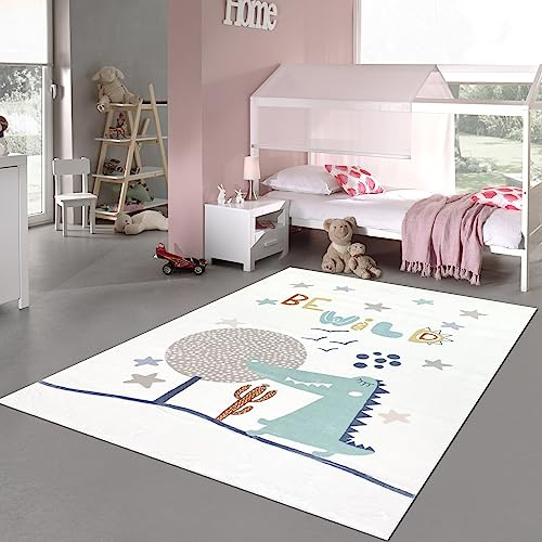 Teppich-Traum Kinderteppich Hochflor Krokodil Sterne Creme 160x230 cm | Kuschelig-weicher Kinderzimmerteppich, pflegeleicht, robust, strapazierfähig, schadstofffrei, OEKO-TEX geprüft, 18 mm Flor