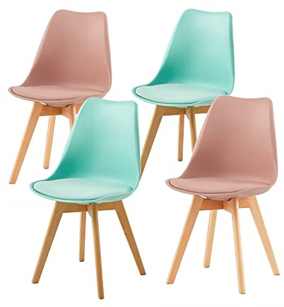 EGGREE 4er Set Esszimmerstühle Gewerbestuhl mit Massivholz Buche Bein SGS Geprüfter, Skandinavisch Design Gepolsterter Stuhl Küchenstuhl Holz, 2 Mintgrün + 2 Rauchrosa