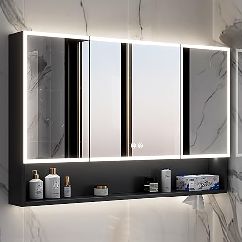 DELURA Spiegelschrank mit LED Beleuchtung 3-Türig anpassen (90x 70 x 13 cm), Badschrank, Beleuchtet Badezimmerschrank, LED Farbe und Zubehör zur Auswahl (Color : GY)