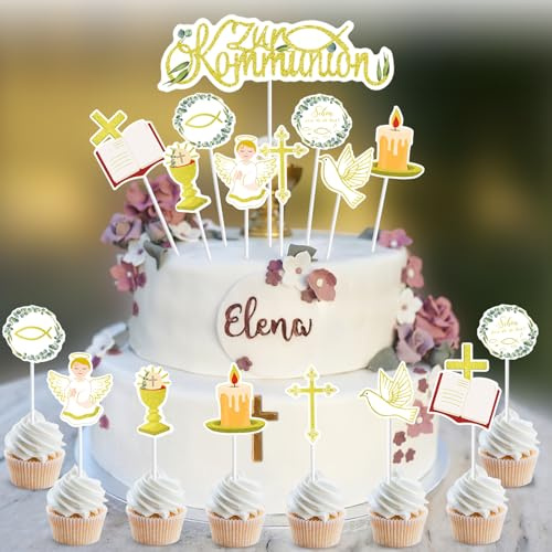 Wentsent 17Stück Tortendeko Kommunion, 8 verschiedene Designs, Fisch, Kreuz, Taube, Engel, Muffin Deko, Kommunion, Konfirmation, Taufe, Erstkommunion Kuchendeko, Papiertorte Topper, 17 Stück