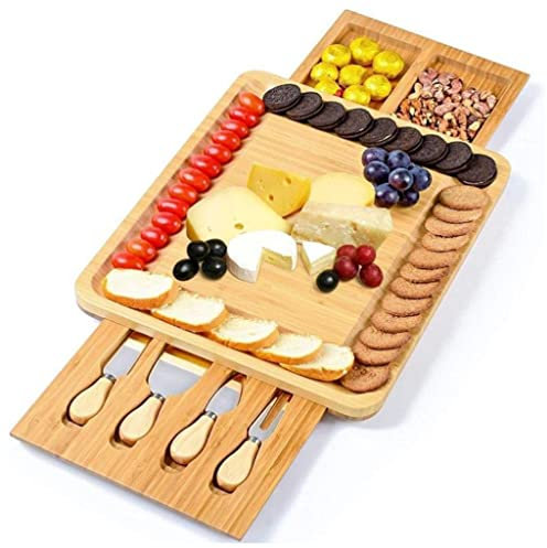 TRoki Ensemble de Planches à Fromage en Bambou avec 4 Couteaux – Plateau de Service élégant avec Double tiroir – Parfait pour la charcuterie et Les réceptions