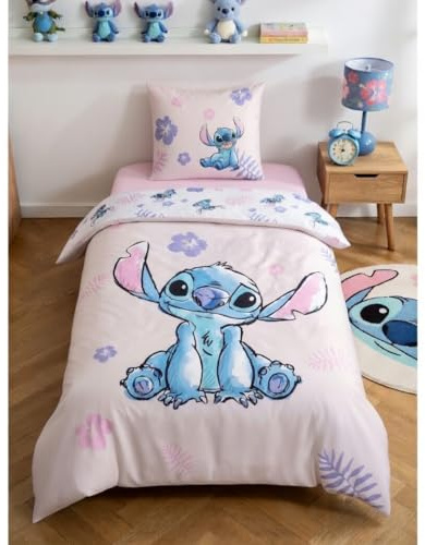 Lilo & Stitch Bettwäsche 135x200+80x80 – 100% Baumwolle – Rosa | Wendebettwäsche | Disney Stitch | Atmungsaktiv & weich | Kinder & Fans | Offiziell lizenziert | Einzelbett
