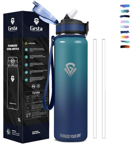Grsta Gourde Isotherme, Gourde 1l Anti-Fuite, Gourd Paille sans BPA, Gourd Sans BPA, Gourdes Reutilisable, Facile à Transporter, Bouteille d'eau pour Camping, Randonnée, Running, Vélo, Yoga, Foot
