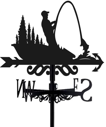 BEUNITONE Fishing Weathervane 26” Height Black Metal Fisherman Wind Vane Animal Ornament Garden Stake Weather Vane Fishing Design Windmill Wind Cups & Brackets for Farmhouse Outdoor Yard Decoration