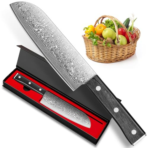 BILLION DUO Damascus Santoku Knife, Chef Knife 67 Layer Damascus Steel, 17.8 cm Sharp Blade, Kitchen Knives with Ergonomic Handle for Home Kitchen & Restaurant