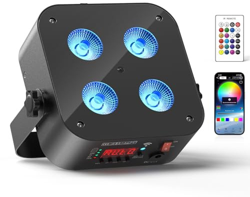 4 * 18W LED Akku Par Licht, 6 in 1 RGBWA+UV Mini Disco Partylicht, Bühneneffekt Scheinwerfer mit Batterie Fernbedienung/APP/2,4DMXSteuerung, Wiederaufladbar Geeignet für Bühne Party Geburtstag Club