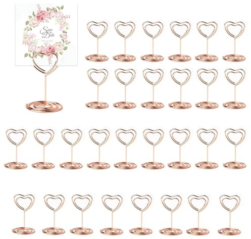 SHUOHONG 30 Stück Rosa Tischkartenhalter, Fotohalter Kartenständer, Menükartenhalter, Fotohalter mit Klammern, Memohalter, Tischkarten Halterung, für Hochzeiten, Bankette, Partys (Herzförmig)
