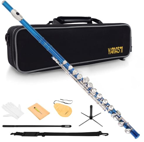 YANASON Blue C Flute Closed Hole 16 Keys Flute Nickel-Plated for Beginner, Student and Professionals with Carrying case, Metal stand, Gloves, Tuning Rod, Cleaning kit(Blue)