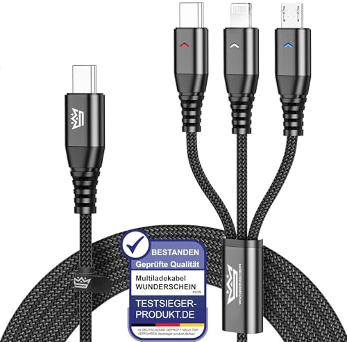 Wunderschein 3-in-1 USB-C Multiladekabel 120 cm – USB-C auf USB-C, Lightning & Micro-USB – Universal Ladekabel mit Multi-Anschlüssen - Schnellladen für Handy, Tablet – Daten nur USB-C Auf USB-C