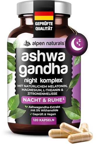 Alpen Naturals Ashwagandha Night Komplex – 120 Kapseln mit Ashwagandha, Melatonin, Magnesium, L-Theanin, Passionsblume & Baldrian – Vegan & laborgeprüft
