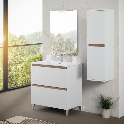 Inbagno Mobile bagno a terra 80 cm bianco e rovere africa con 2 cassettoni soft-close, lavabo in ceramica e specchio reversibile 60x80 cm, KLEO