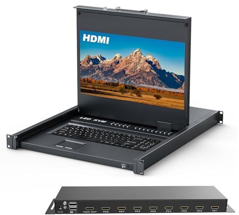 MT-VIKI Rack KVM Monitor Switch 8 Ports with 17 LCD Monitor, 1U for 19 Rack, Integrated Keyboard, Touchpad, Pull-Out and 8 KVM Cables, Supports OSD, Hotkeys and Button Operation