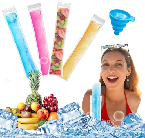 GGUFAY 100 Pcs Bolsas para Helados,con 1 Embudo, Molde para Bolsas de Popsicle,Bolsas para Moldes de Helado, para Yogur, Caramelos, Helados, Bolsas para Paletas de Popsicle,5.5 x 28 cm