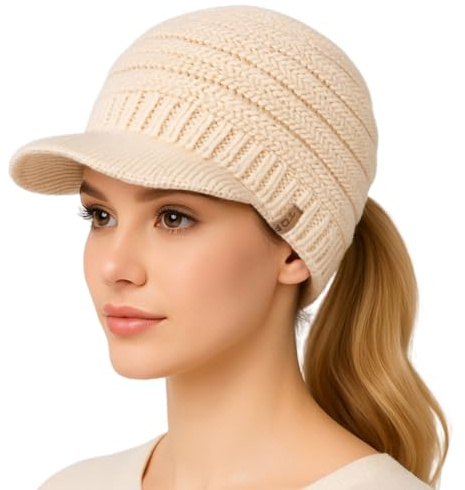 TOP-EX Chicpony™ Gorro de lana islandés con visera y forro polar para mujer, con espacio oculto para la coleta, gorro de punto cálido de invierno, Talla única