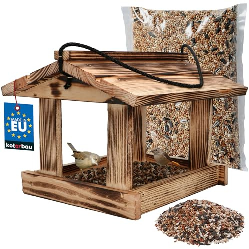 KOTARBAU® Fågelmatare - 23.5x21x18 cm - Naturlig - Hängande Fågelbord i Trä - Rustik Stil - Fågelmat 0.5 kg - Trädekor För Trädgård - Fågelmatare Med Tak