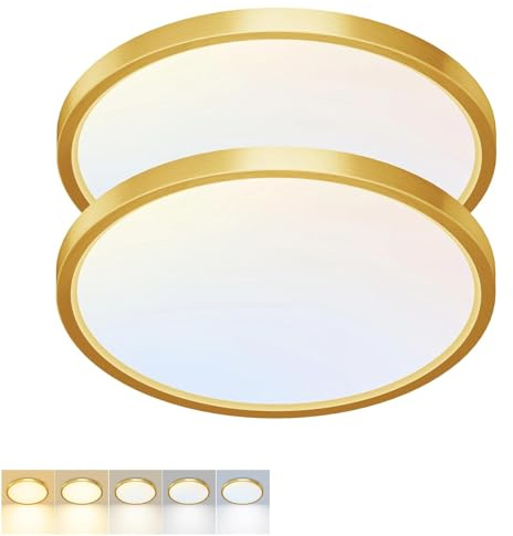 Fairdeer 2 Pack LED Flush Mount Ceiling Light,7Inch 15W,3000K/3500K/4000K/5000K/6500K 5 Color Temperatures Ceiling Light Fixture for Kitchen Porch Hallway Bedroom Bathroom and Closet,Brushed Gold