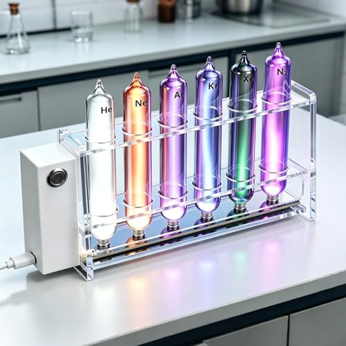 THYXGS Colección De 6 Elementos De Gases Nobles Luminosos, Juego De Tubos De Vidrio De Gases Nobles con Una Pureza del 99,999%, con Soporte Motorizado. Incluye He/Ne/Ar/Kr/Xe/N2, para Coleccionar