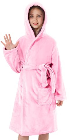 V.&GRIN Mädchen-Fleece-Bademantel, weicher Fuzzy-Bademantel mit Kapuze für Kleinkinder für Kinder von 3–14 Jahren (Rosa9–10