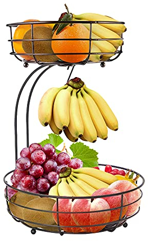 Lekind Fruit Bowl with Banana Hanger 2-Tier Fruit Basket Veg Rack Fruit Bowls Metal Storage Rack, Keeps Fruits and Vegetables Fresh