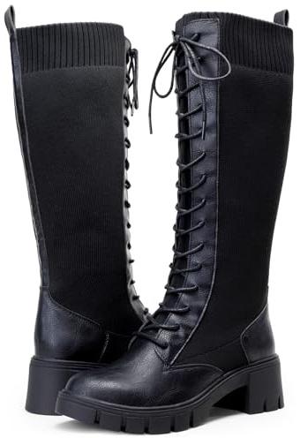 Vepose Women's Black Lace Platform Combat Knee High Boots with Comfort 953 Chunky Heel Size 7.5 (CJY953 Black 07.5)