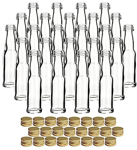 gouveo 24er Set Glasflaschen 20 ml (0,02 l) Glasflasche 20 ml Kropfhals lang Schraubverschluss PP18 goldfarbene Optik kleine Klarglas-Fläschchen zum Befüllen für Likör Öl Essig Proben