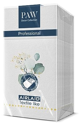 PAW - Besteckservietten aus Airlaid - Stoffähnlich (1/8 falz) | 25 Stück | Ideal für Hochzeit, Taufe, Kommunion, Geburtstag | Serviettentaschen für Besteck | Goldener Eukaliptus