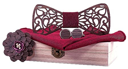 HZQIFEI Noeud Papillon Bois, Ensemble 4 Pièces Noeud Papillon en Bois + Boutons de manchette + Broche + Carré de Poche, Accessoire Mode (Style#29)