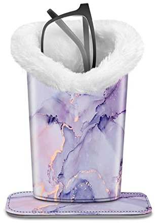 Fintie Plush Lined Eyeglasses Holder with Magnetic Base- Premium Vegan Leather Glasses Stand Case, Za-lilac Marble, 5.51*3.94*3.54