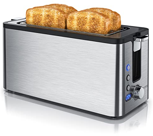 Arendo - Edelstahl Toaster Langschlitz 4 Scheiben - Defrost Funktion - wärmeisolierendes Gehäuse - mit integriertem Brötchenaufsatz - 1400W - Krümelschublade - Display mit Restzeitanzeige - Silber