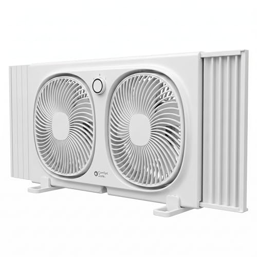 Comfort Zone CZ329WT 9 Dual Window Fan with 180° Rotating Fans, 2-Speeds, Plastic Removable Bug Screen, Individually Rotating Fan Heads, White