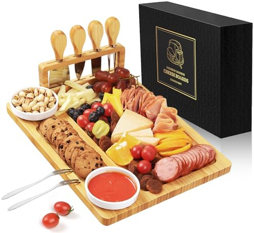 Bamboo charcuterie boards Gift Set - Serving Meat Cheese Board, Charcuterie Board Set with 4 Stainless Steel Cheese Knife, Ideal for House Warming Gifts New Home, Christmas, Bridal Shower Gift