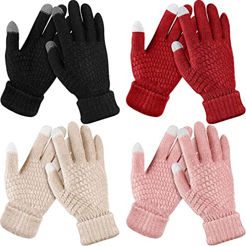 4 Paar Damen Winter Touchscreen Handschuhe Warm Fleece Gefüttert Strickhandschuhe Elastische Manschette Winter Texting Handschuhe, Schwarz, Rosa, Rot, Beige, Einheitsgröße