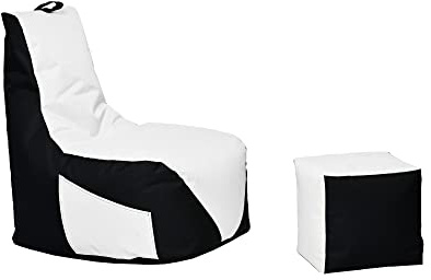 Momiralland Gaming Sitzsack - mit Lehne Sitzkissen - Beanbag - mit Reißverschluss - BodenKissen Sessel In- & Outdoor geeignet - Gaming mit PC Xbox & PlayStation (Schwarz - Weiß, Sitzsack + Hocker)