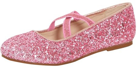 Flickor glitter balettskor barn platt elastisk rem ballerina festskor bröllop brudtärna skor, Rosa, 33 EU
