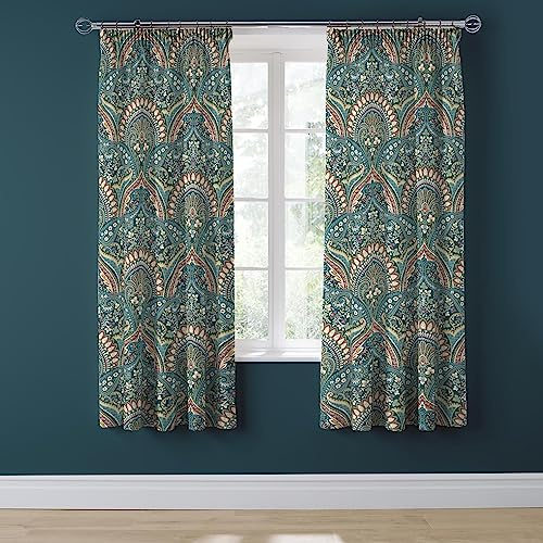 Dreams & Drapes Jacobean Vorhänge, blaugrün, 168 x 183 cm, 2 Raffhalter, Blumen/exotisches Plissee, marokkanisches Bohemian-Motiv, Damast für Schlafzimmer/Wohnzimmer