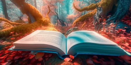 adrium Acryl-Bild 160 x 80 cm: Wald, wo Bücher auf Bäumen wachsen und ihre Seiten aus Blättern bestehen, die im Wind rascheln. (204018012)