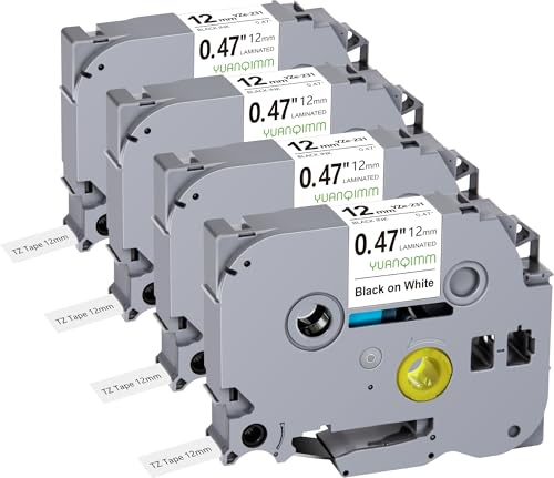 4x Yuanqimm Kompatibel für Brother Ptouch Bänder 12mm x 8m TZe231 TZe-231 | TZ231 TZ-231 TZe 12mm 0,47 Schwarz auf Weiß Schriftband für PT-D400 PT-H100LB PT-H105 PT-D200 PT-1000 PT-H110 PT-H101 PT-H75