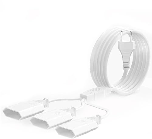 Stromkabel Verlängerung mit Flachstecker, 2M Stromkabel Verlängerung Netzkabel,3 in 1 Typ-C Eurostecker auf Eurobuchse, 0.75mm²Max. 2,5A/250V für Zuhause, TV, Weiß