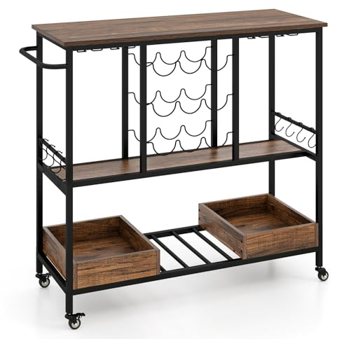 GIANTEX Carrello di Servizio Industriale a 3 Livelli, Carrello da Cucina con Portabicchieri, Porta Bottiglie, 107,5x40x91,5 cm