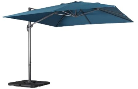 sweeek - Parasol déporté carré bleu canard 3x3m structure grise + Lot de 4 dalles à lester 50x50cm