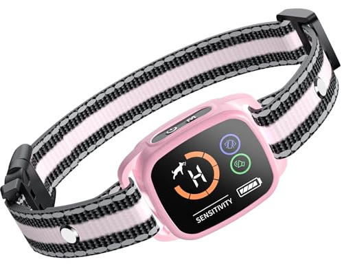 Collier Anti Aboiement Chiens,Modes Son/Vibration/Vibration Forte, Détection Intelligente des Aboiements, Rechargeable, Étanche IP67, pour Petit et Gros Chien (Rose)